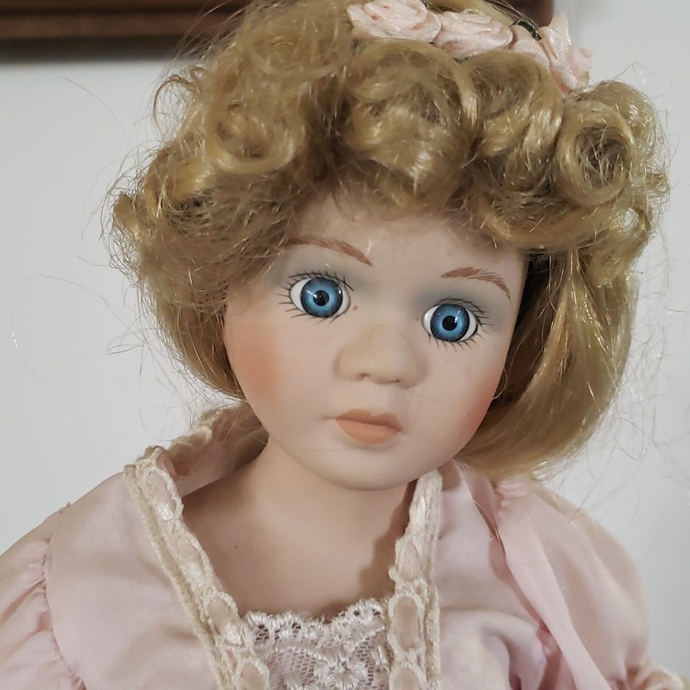 Pretty Vintage 17" Porcelain Doll with Metal Stand